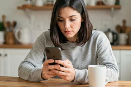 Femme utilisant WhatsApp sur son smartphone Android pour créer un sondage dans une conversation de groupe