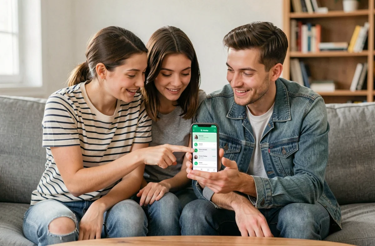 Deux personnes consultant les résultats d'un sondage WhatsApp sur iPhone dans un salon