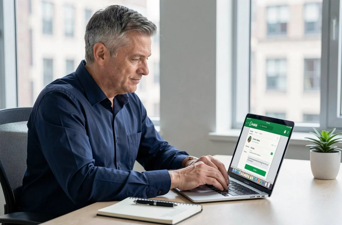 Homme créant un sondage WhatsApp sur ordinateur via WhatsApp Web dans un bureau moderne