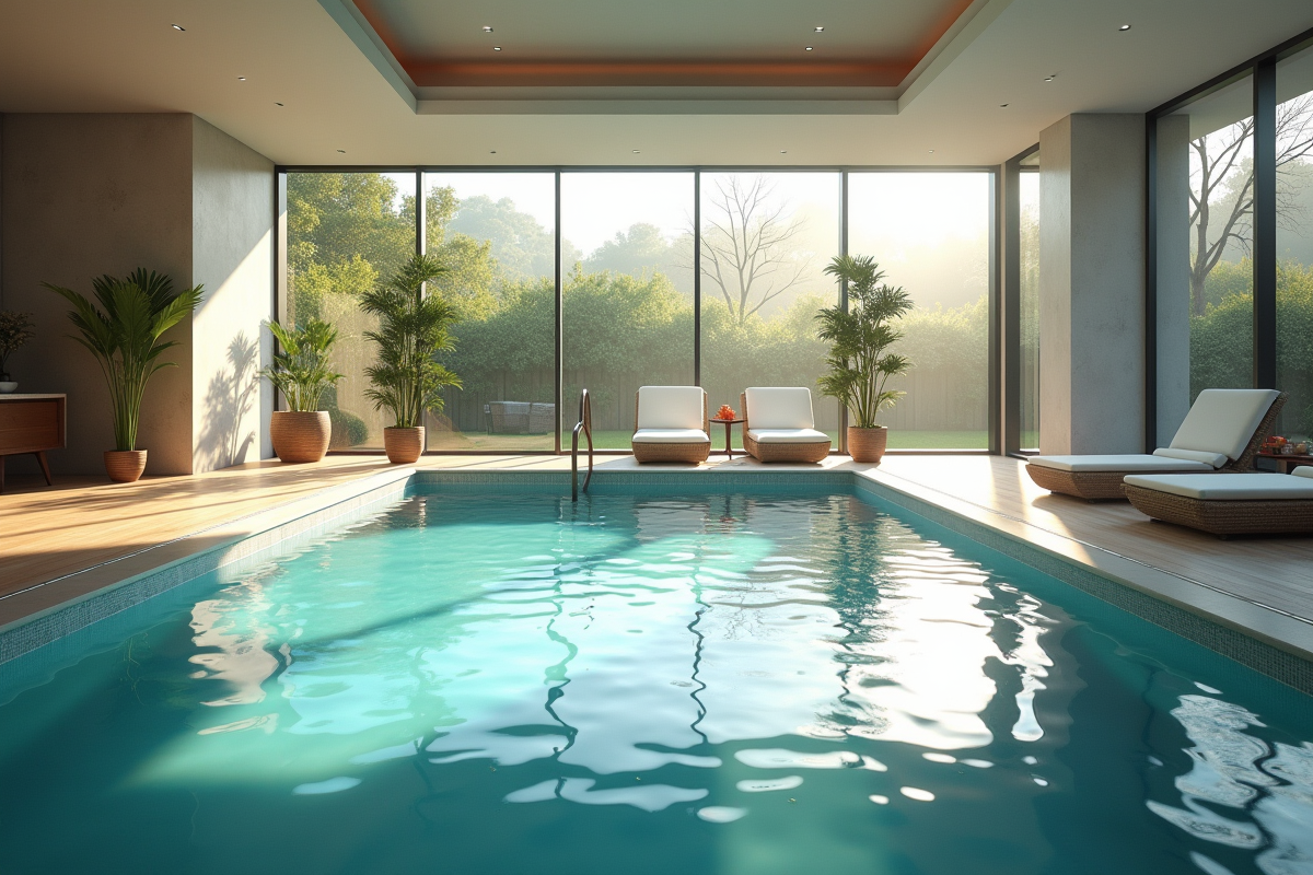Piscine intérieure moderne avec vue sur le jardin