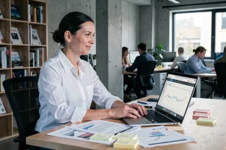 Spécialiste SEO analysant des hypothèses de référencement sur un tableau de bord de recherche organique dans un bureau moderne