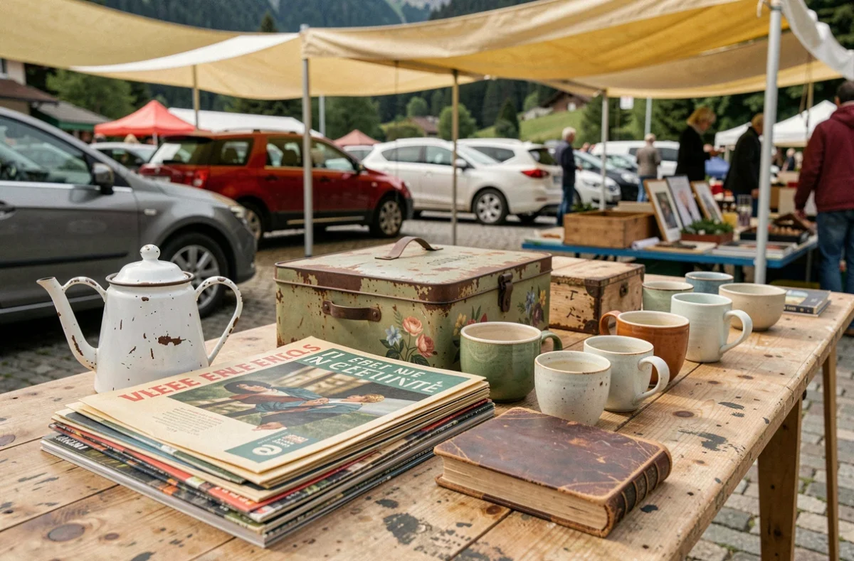 Table de vide grenier avec objets vintage typiques d'une brocante savoyarde