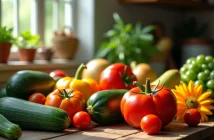 Table rustique avec fruits et légumes Z colorés