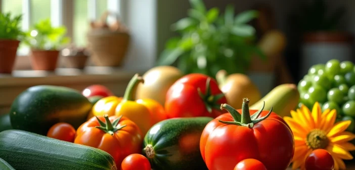 Table rustique avec fruits et légumes Z colorés