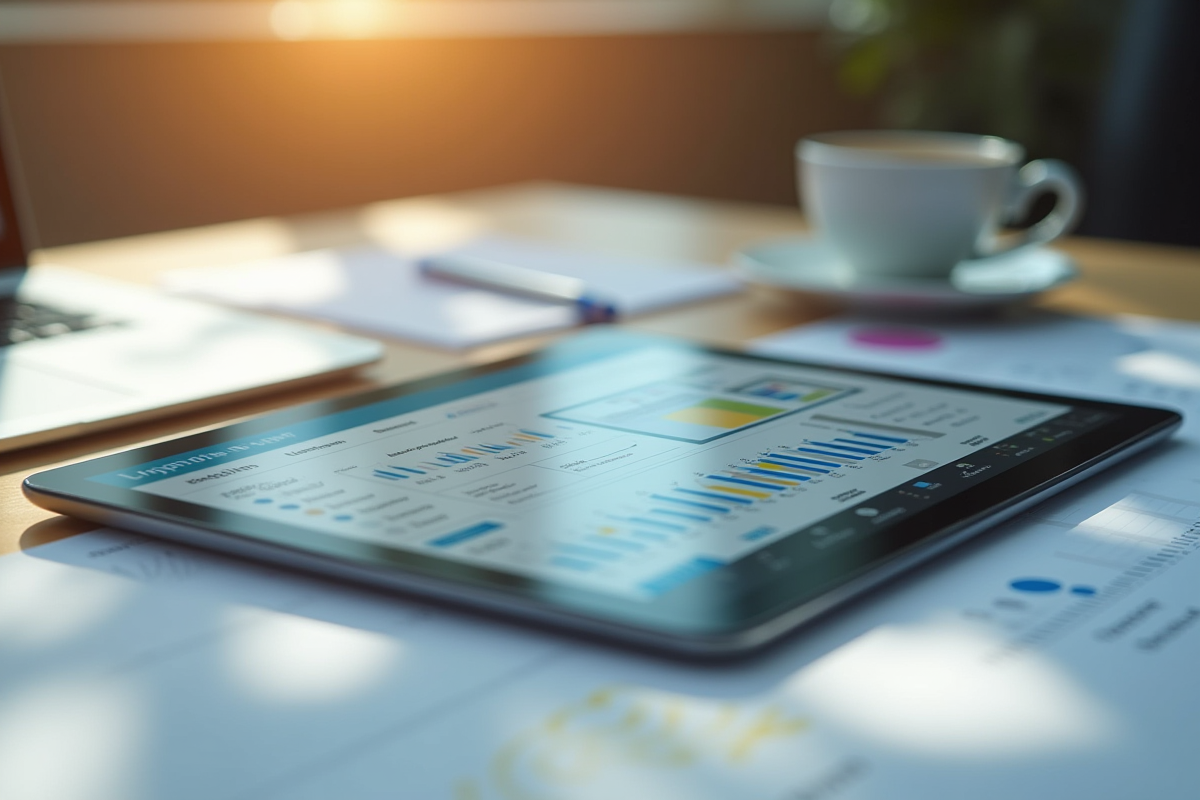 Tablette affichant un tableau de bord mobile sur un bureau ensoleille