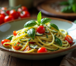 Assiette de tagliatelle de courgette avec basilic frais et tomates cerises