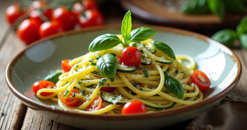 Assiette de tagliatelle de courgette avec basilic frais et tomates cerises