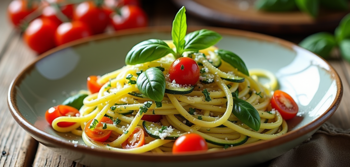 Assiette de tagliatelle de courgette avec basilic frais et tomates cerises