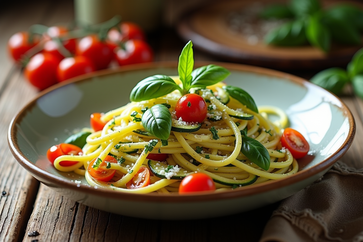 Assiette de tagliatelle de courgette avec basilic frais et tomates cerises