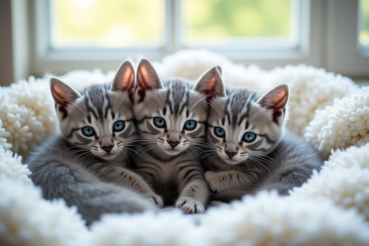 Trois chatons gris et blancs avec yeux bleus sur une couverture