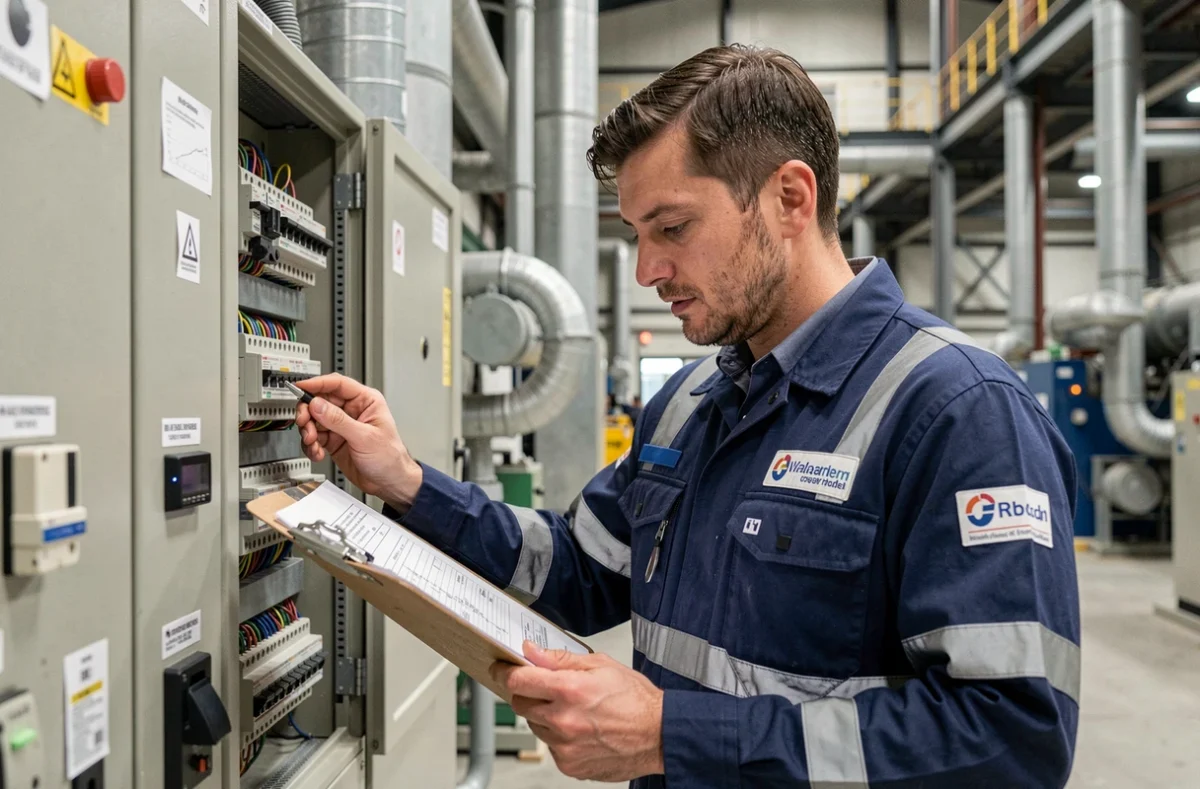 Électricien industriel et tertiaire inspectant un tableau de distribution dans une usine à Roubaix