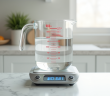 Verre mesure eau sur balance précise dans la cuisine