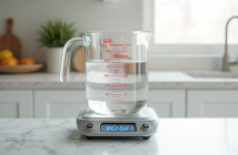 Verre mesure eau sur balance précise dans la cuisine