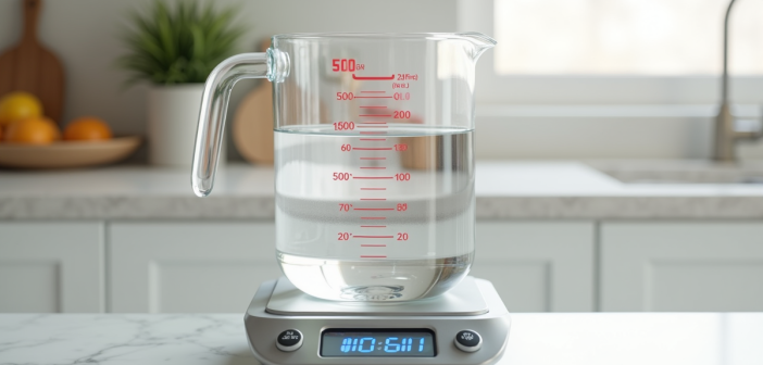 Verre mesure eau sur balance précise dans la cuisine