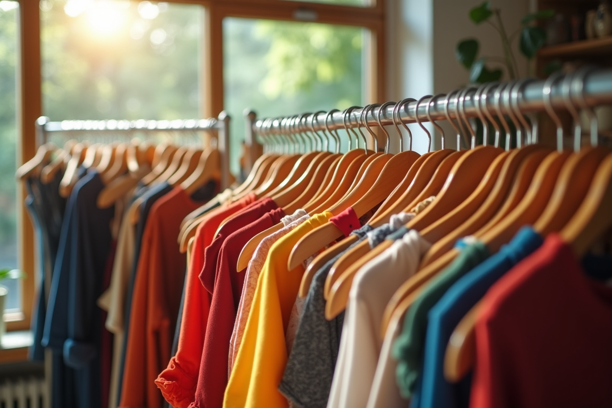 Vêtements d'occasion colorés sur cintres dans une boutique lumineuse
