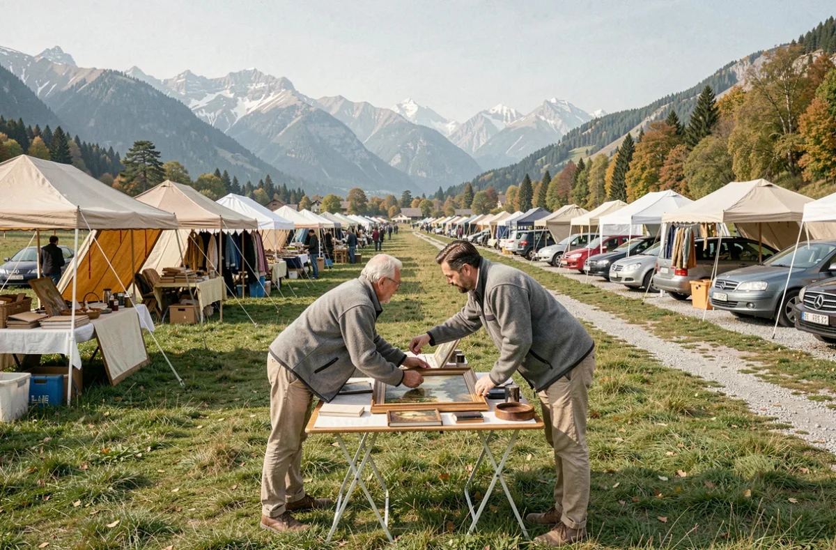 Vue panoramique d'un grand vide grenier en plein air au pied des Alpes près de Chambéry