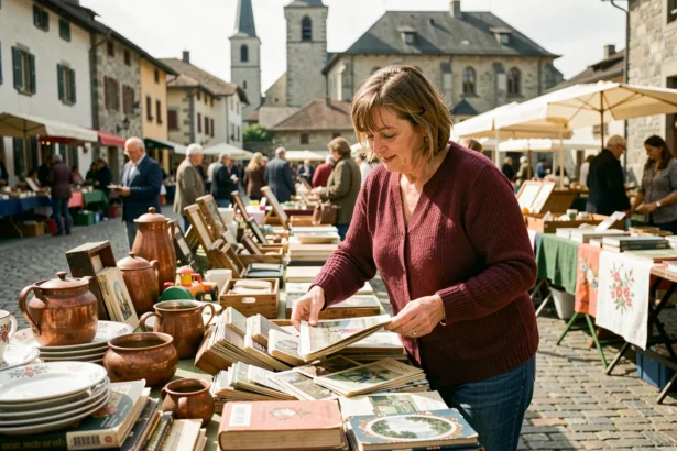 Femme parcourant des objets anciens sur un vide grenier en Savoie près de Chambéry