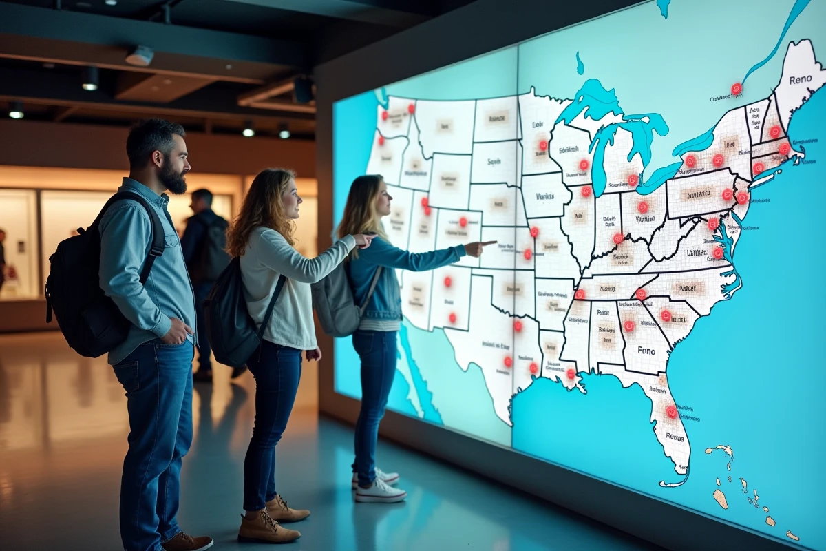 Groupe de voyageurs consultant une carte interactive des villes du Nevada dans un centre d'information touristique