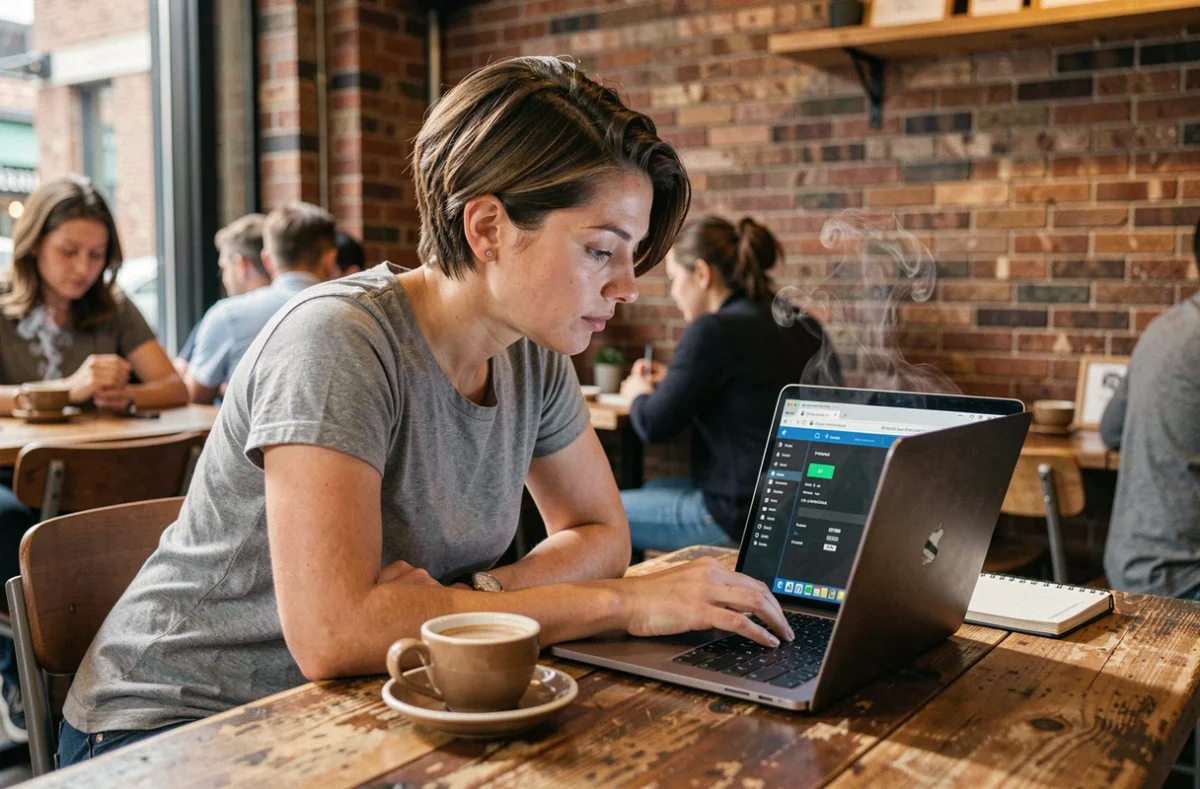 Femme utilisant un VPN sur son ordinateur portable dans un café urbain pour naviguer en toute confidentialité