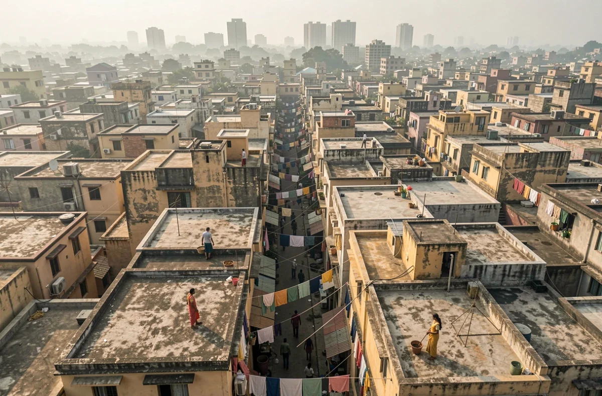 Vue aérienne d'un quartier résidentiel ultra-dense en Asie du Sud illustrant la concentration démographique des pays les plus peuplés de la planète
