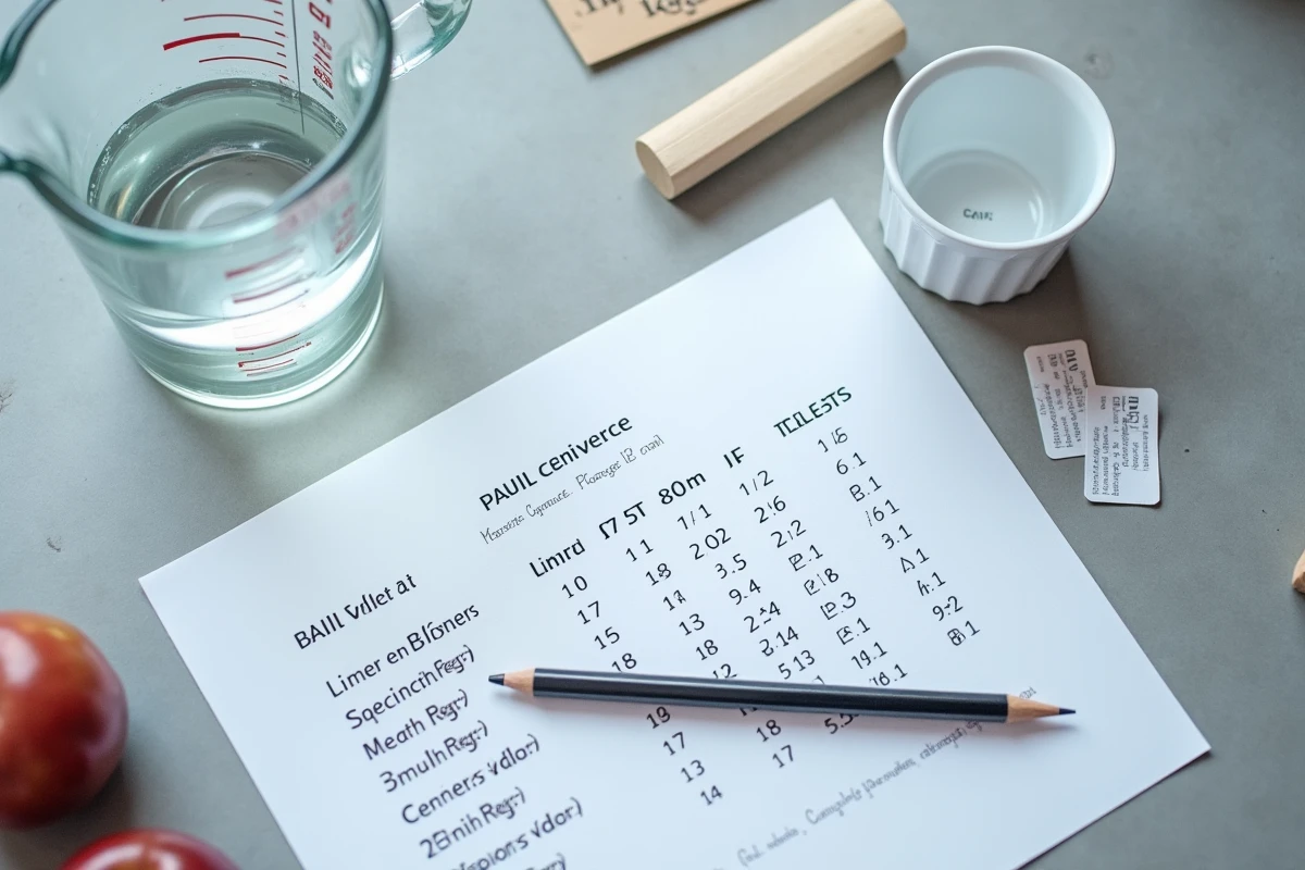Vue de dessus d'un tableau de conversion litre cm3 imprimé posé près d'un verre doseur et d'une éprouvette graduée